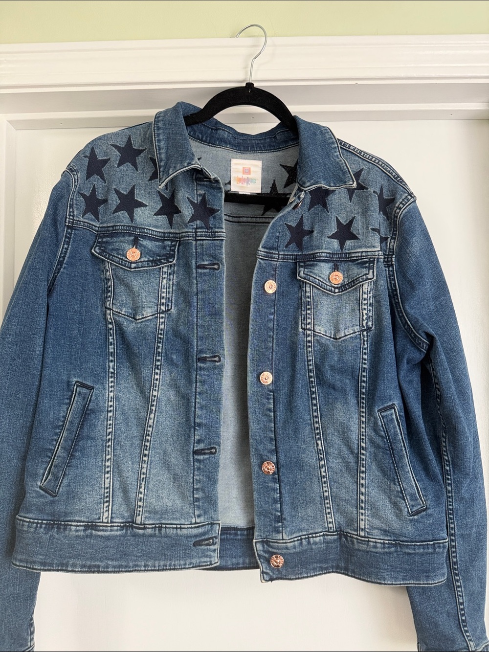 LuLaRoe Harvey Blue Denim Jacket with Star Print XL
